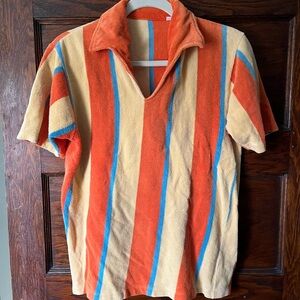 Vintage 70s Striped Orange and Yellow Terry Cloth Polo Pool Shirt